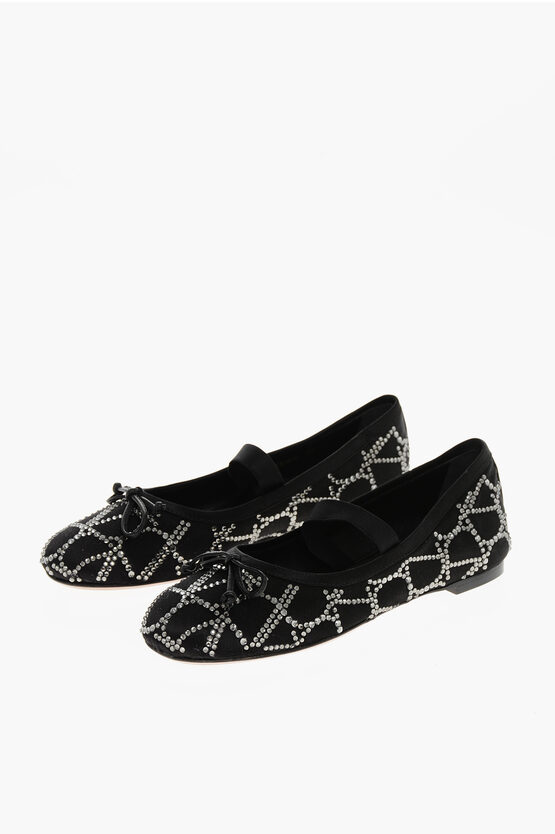 Valentino Rhinestoned Silk Ballet Flats In Black