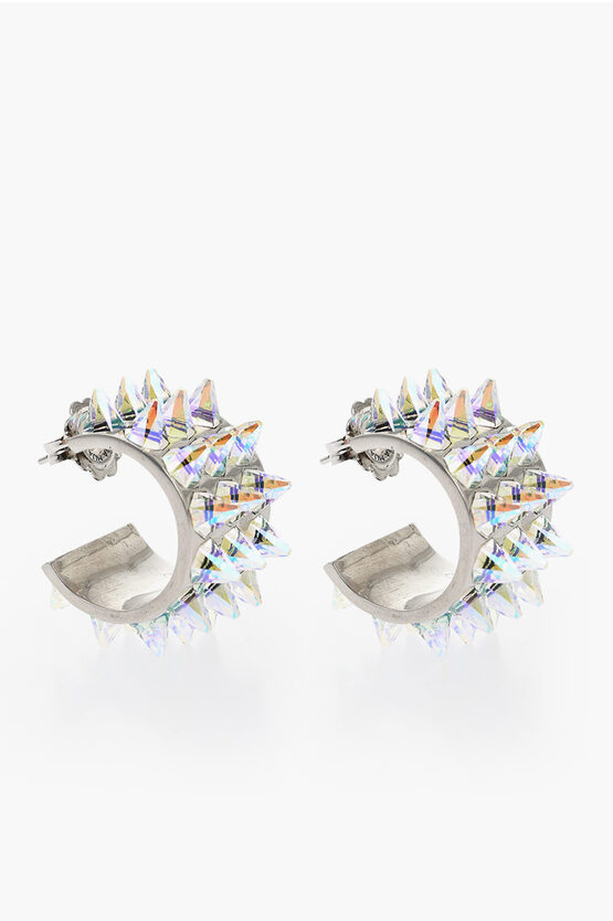 Amina Muaddi Rhinestoned Studs Karma Hoop Earrings In Silver