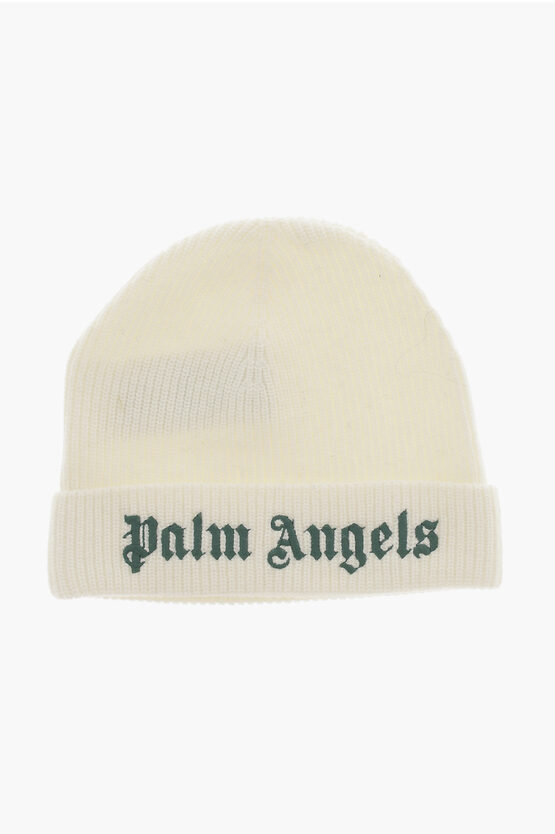 Shop Palm Angels Ribbed Beanie With Embroidered Logo