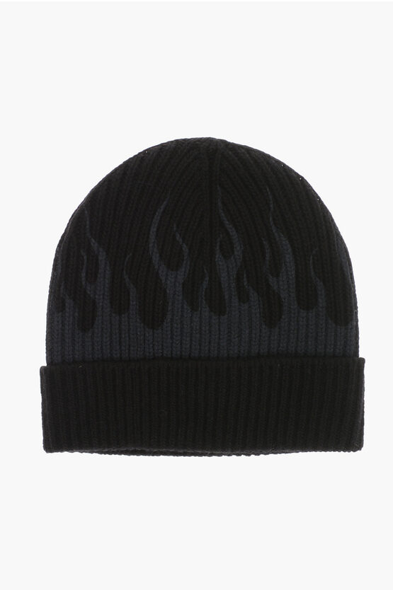 Shop Vision Of Super Ribbed Beanie With Flames Print