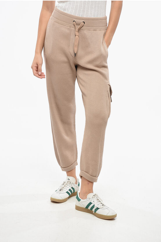 Brunello Cucinelli Ribbed Cargo Pants With Rhinestone In Neutral