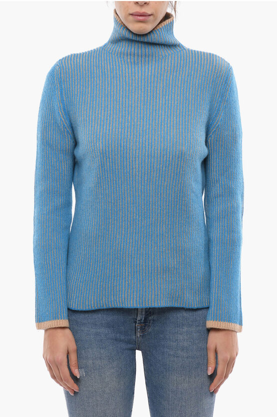 Chicca Lualdi Ribbed Cashmere Asymmetrical Cut Turtleneck Sweater In Blue