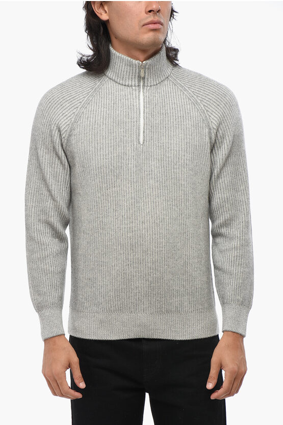 Brunello Cucinelli Ribbed Cashmere Sweater With Half Zip In Gray