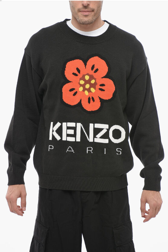 Kenzo Ribbed Cotton Boke Flower Sweater In Black