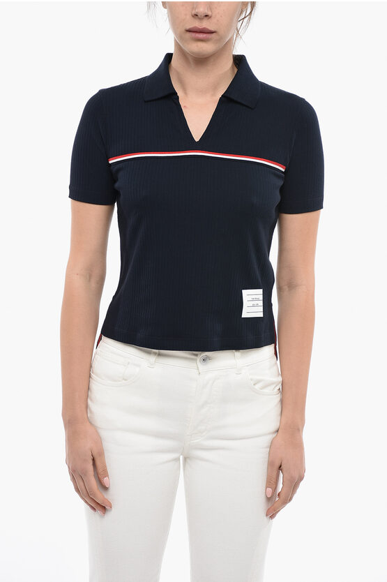 Thom Browne Ribbed Cotton Polo With Three-tone Contrasting Band