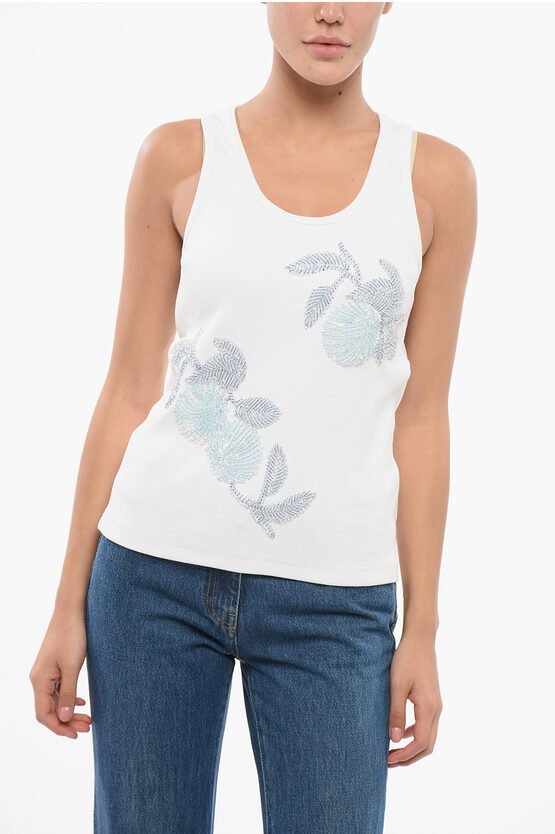 Bottega Veneta Ribbed Cotton Tank Top With Beaded Embroidery