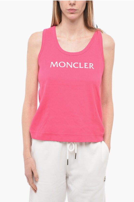 Moncler Ribbed Cotton Tank Top With Printed Logo In Pink