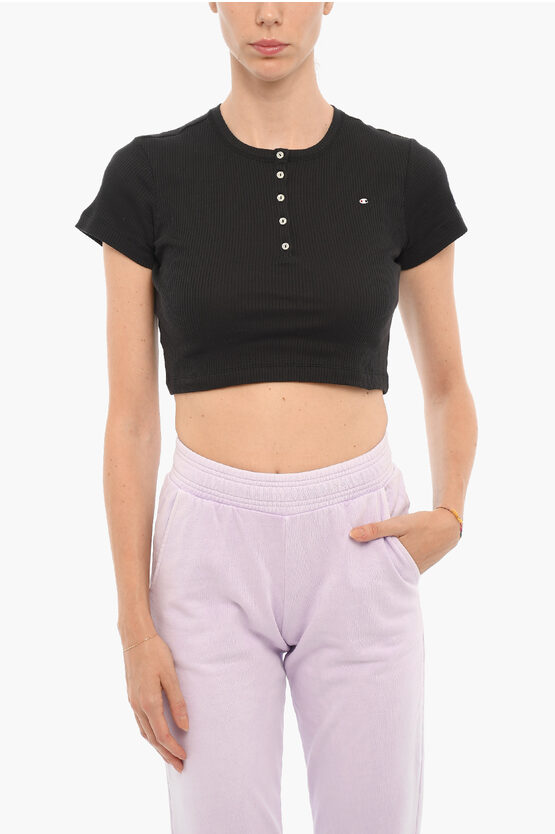 Champion Ribbed Crew-neck Cropped T-shirt With Front Buttoning In Black