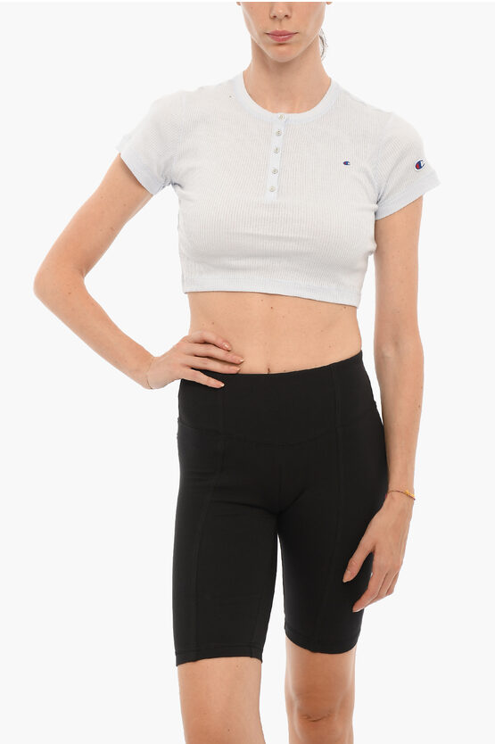 Champion Ribbed Crew-neck Cropped T-shirt With Front Buttoning In White