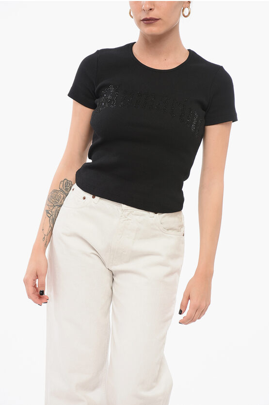 Shop Blumarine Ribbed Crop T-shirt With Rhinestoned Logo