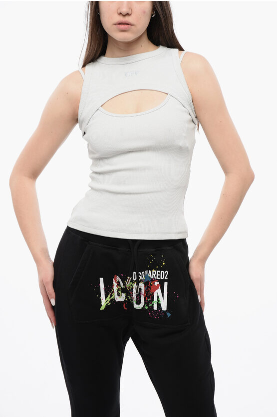 Shop Off-white Ribbed Cropped Top With Cut Out Details