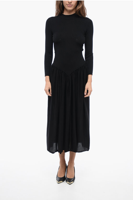 Stella Mccartney Black Midi Knit Dress With Flare Skirt In Viscose Blend Woman