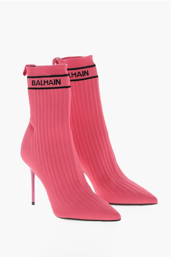 Balmain Ribbed Fabric Boot Skye-knit Sock Ankle Boots With Heel 10cm In Pink