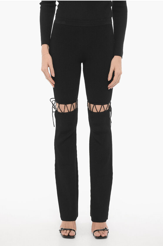 Shop Nensi Dojaka Ribbed Flared Pants With Lace-up Detail