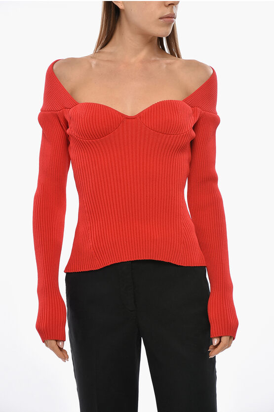 Magda Butrym Ribbed Knitted Top With Sweetheart Neckline In Red