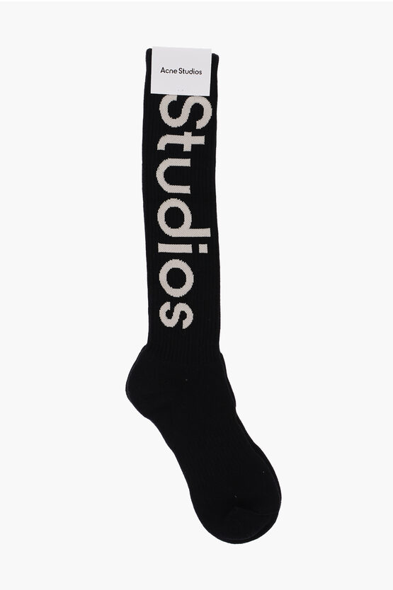 Acne Studios Ribbed Long Socks With Contrasting Logo In Blue