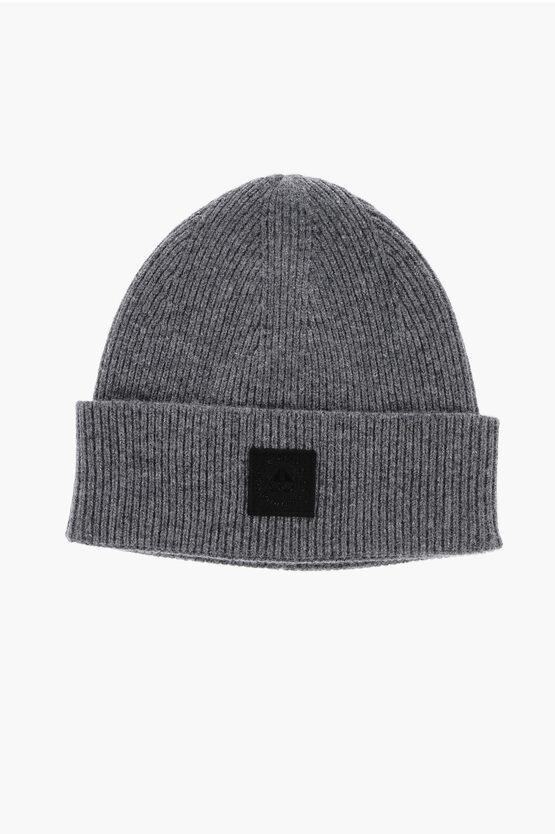 Moose Knuckles Ribbed Merino Wool Beanie With Contrasting Logo Patch In Grey