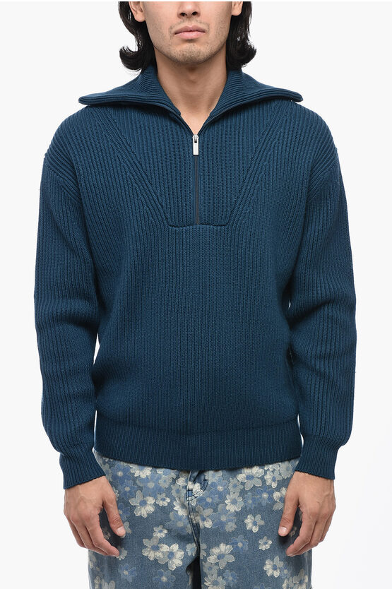 Shop Drôle De Monsieur Ribbed Merino Wool Sweater With Half Zip