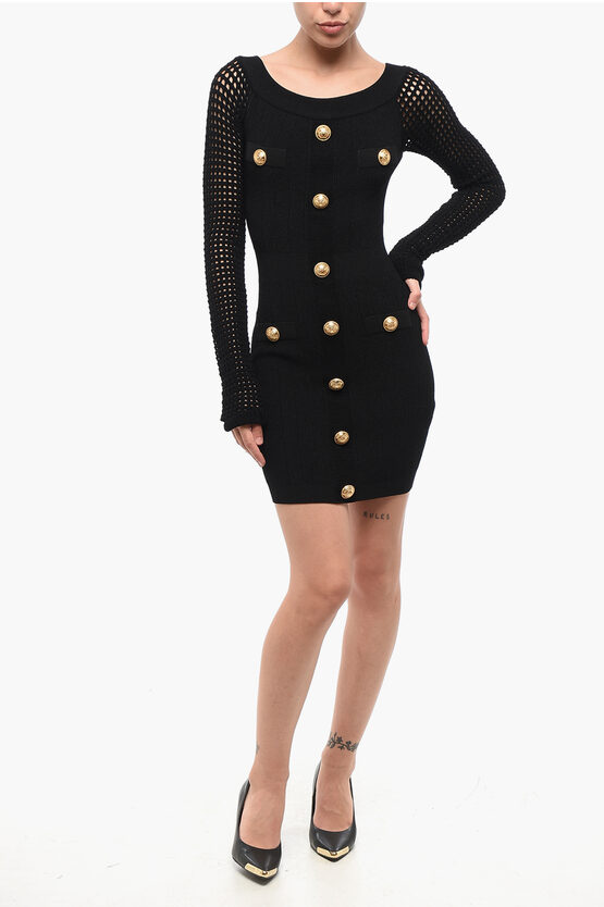 Balmain Ribbed Mini Dress With Perforated Sleeves And Decorative But In Black