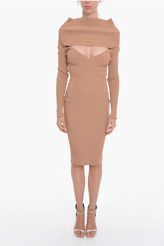 Andreädamo Ribbed Off-shoulder Dress With Cut-out Detail In Neutral