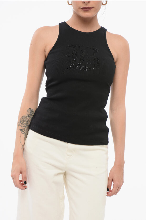 Shop Blumarine Ribbed Tank Top With Rhinestoned Logo