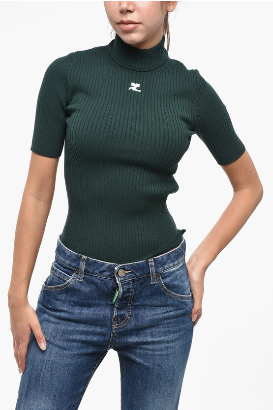 Courrèges Ribbed Turtleneck Sweater With Monogram In Green