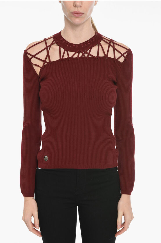 Philipp Plein Ribbed Twine Sweater With Embroidered Logo In Red