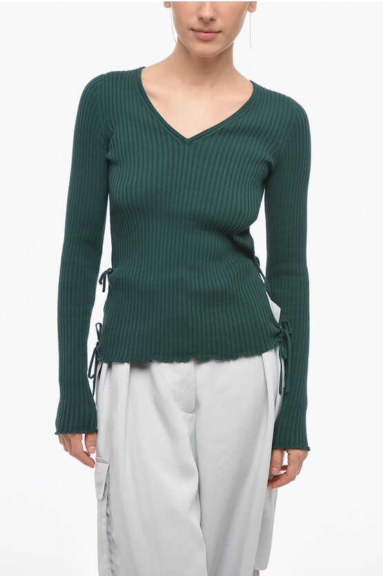 Shop Bottega Veneta Ribbed Cotton Sweater With Lace-up Detail