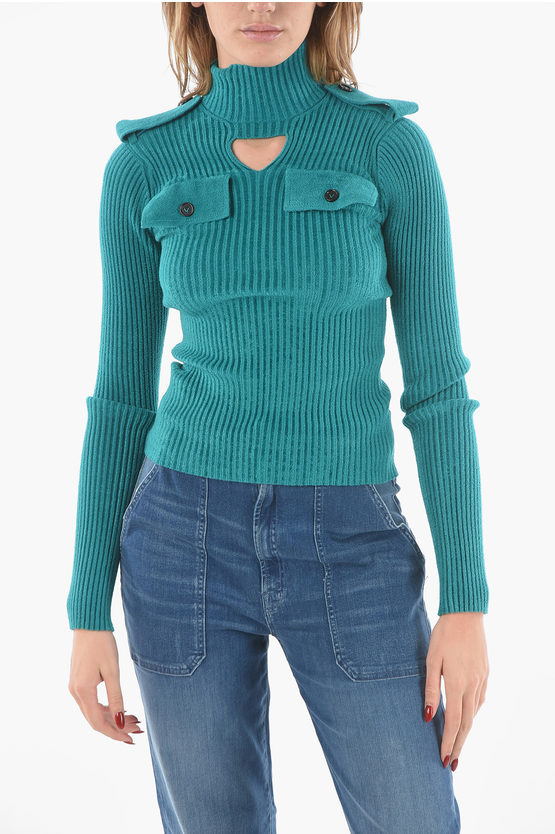Bottega Veneta Ribbed Velour Uniform Mock-neck Sweater With Cut-out Detail In Blue