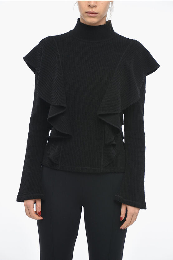 Chloé Ribbed Virgin Wool Turtleneck Sweater With Ruffles In Black