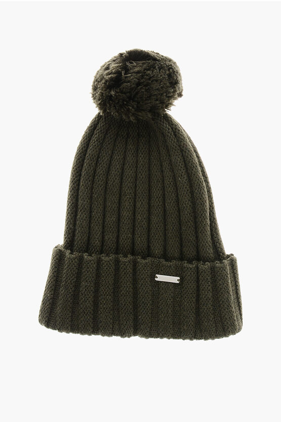 Woolrich Ribbed Wool Beanie With Pompom In Black