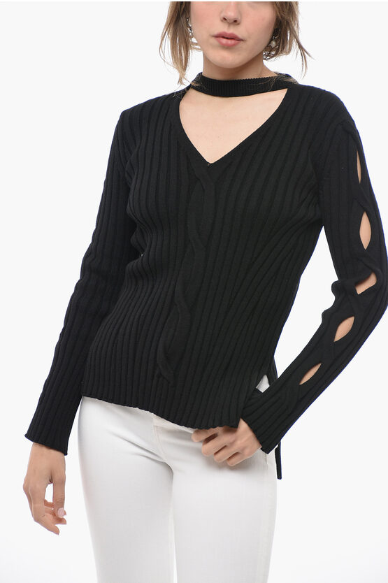 Shop Alexander Mcqueen Ribbed Wool Blend Sweater With Tie Neck Detail