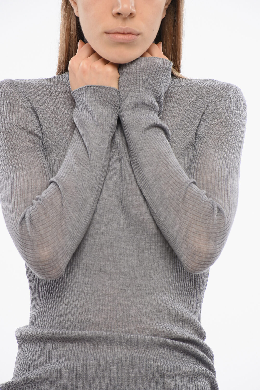 Lipstick Turtleneck Bubble Sleeve Rib Knit Sweater