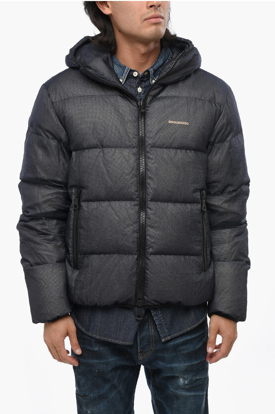 Dsquared2 Rip Stop Checked Down Jacket With Hood In Black
