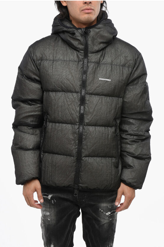 Dsquared2 Rip Stop Checked Down Jacket With Hood In Black