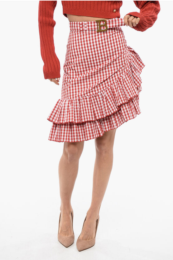 Balmain B Logo Buckle Gingham Ruffled Cottage Skirt