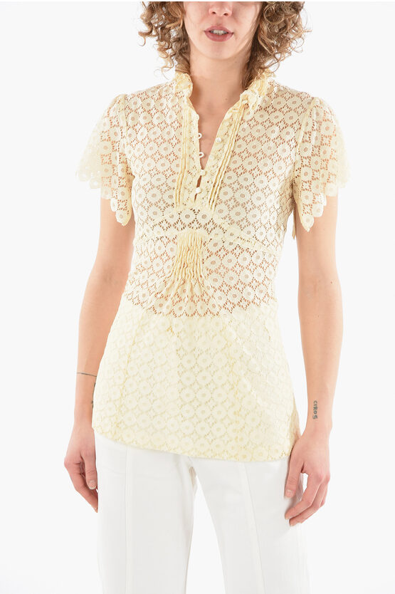 Paco Rabanne Ruched See-through Top In Floral Brodeire Anglais In Yellow