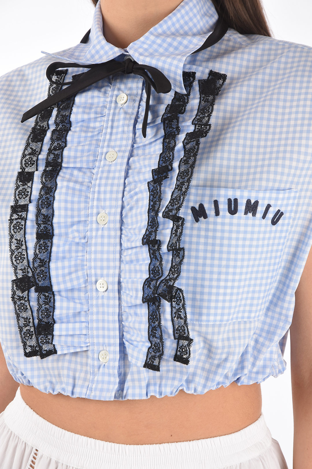 Miu Miu Ruffle Front Gingham Cotton Crop Shirt women