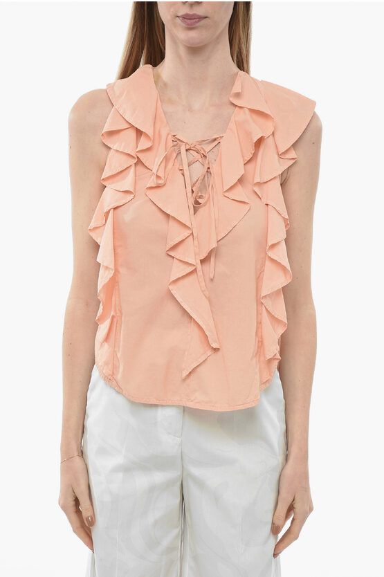 Dondup Ruffled Sleeve Cotton Blouse With Lace-up Detail In Orange