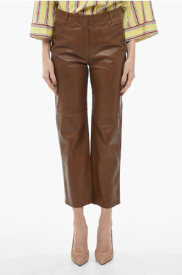 THE ANDAMANE Long sand-coloured faux leather trousers