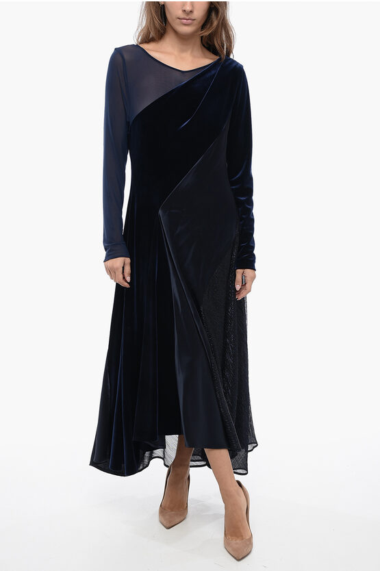 Talbot Runhof Satin And Velvet Dress With Mesh And Lurex Inserts In Black