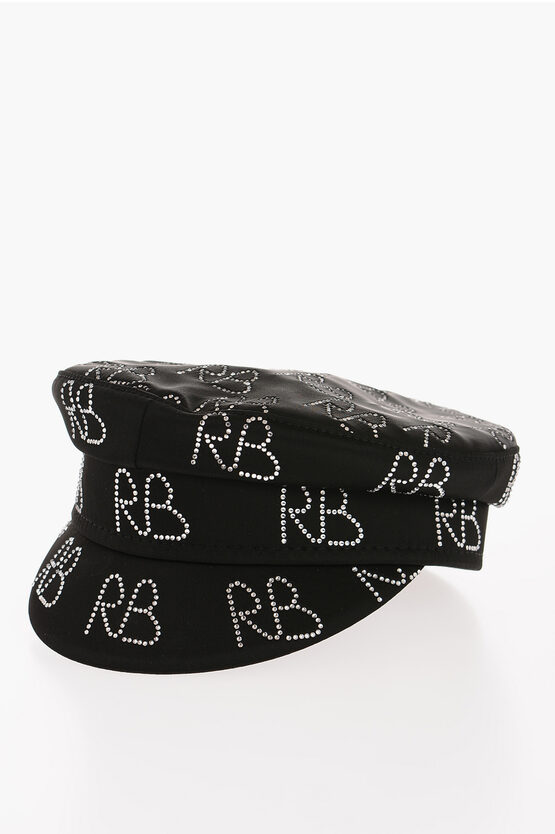 Ruslan Baginskiy Satin Baker Boy Hat With All-over Rhinestone Monogram In Black