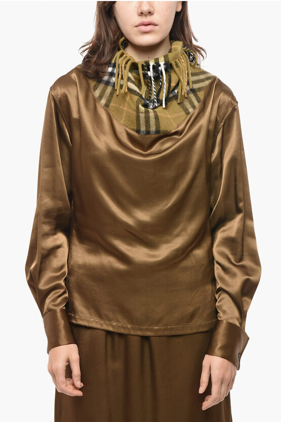 Burberry Satin Blouse With Tartan Patterned Scarf Detail In Brown