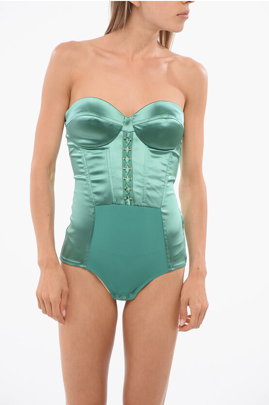 Elisabetta Franchi Satin Bodysuit With Front Lace-up Detail In Green