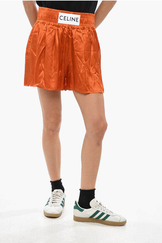 Celine Satin Boxer Shorts With Logo Patch In Orange