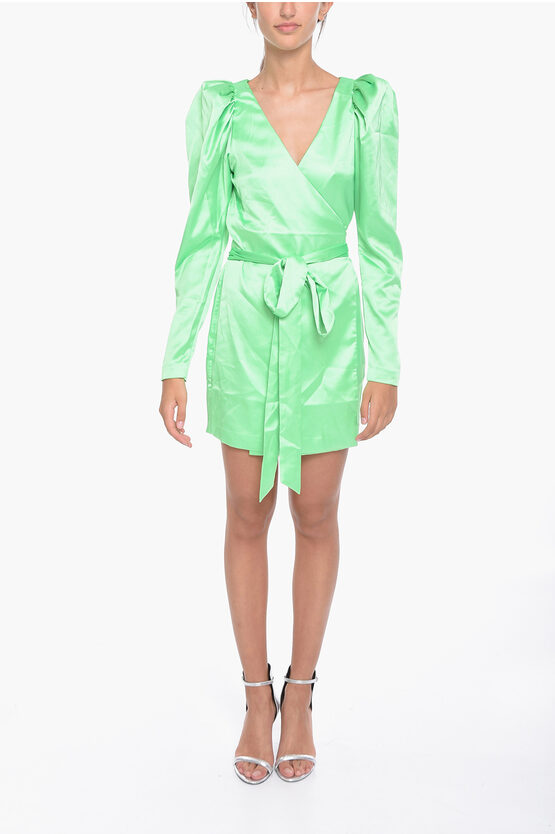Rotate Birger Christensen Satin Bridget Wrap Mini Dress With Leg-o-mutton Sleeve In Green