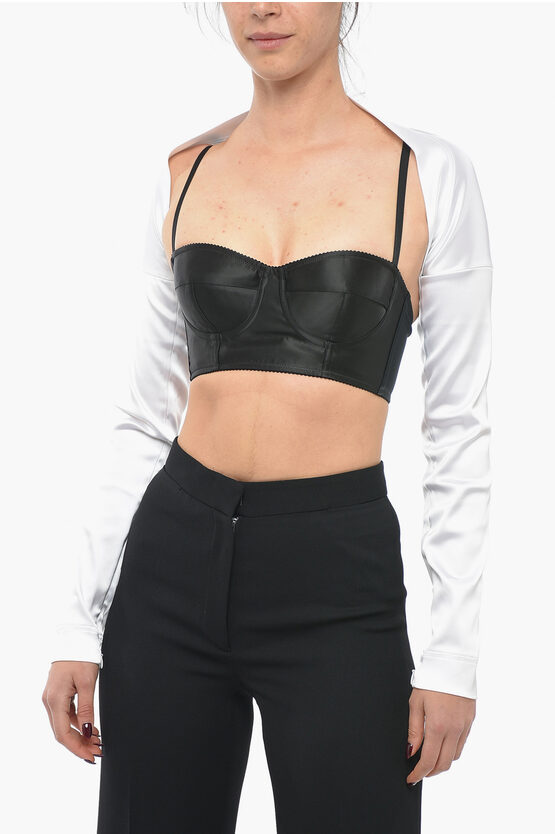 Dolce & Gabbana Satin Crop Cardigan With Zipped Sleeve In Black