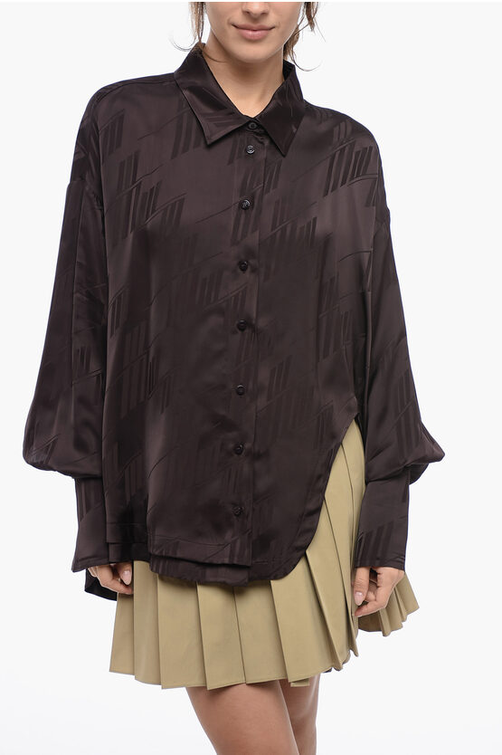 Attico Satin Cut-out Shirt With Logo All-over In Brown