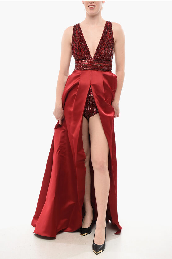 Elisabetta Franchi Satin Dress With Maxi Split And Culottes In Red