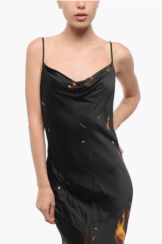 Balmain Satin Long Dress With Flames Print In Black